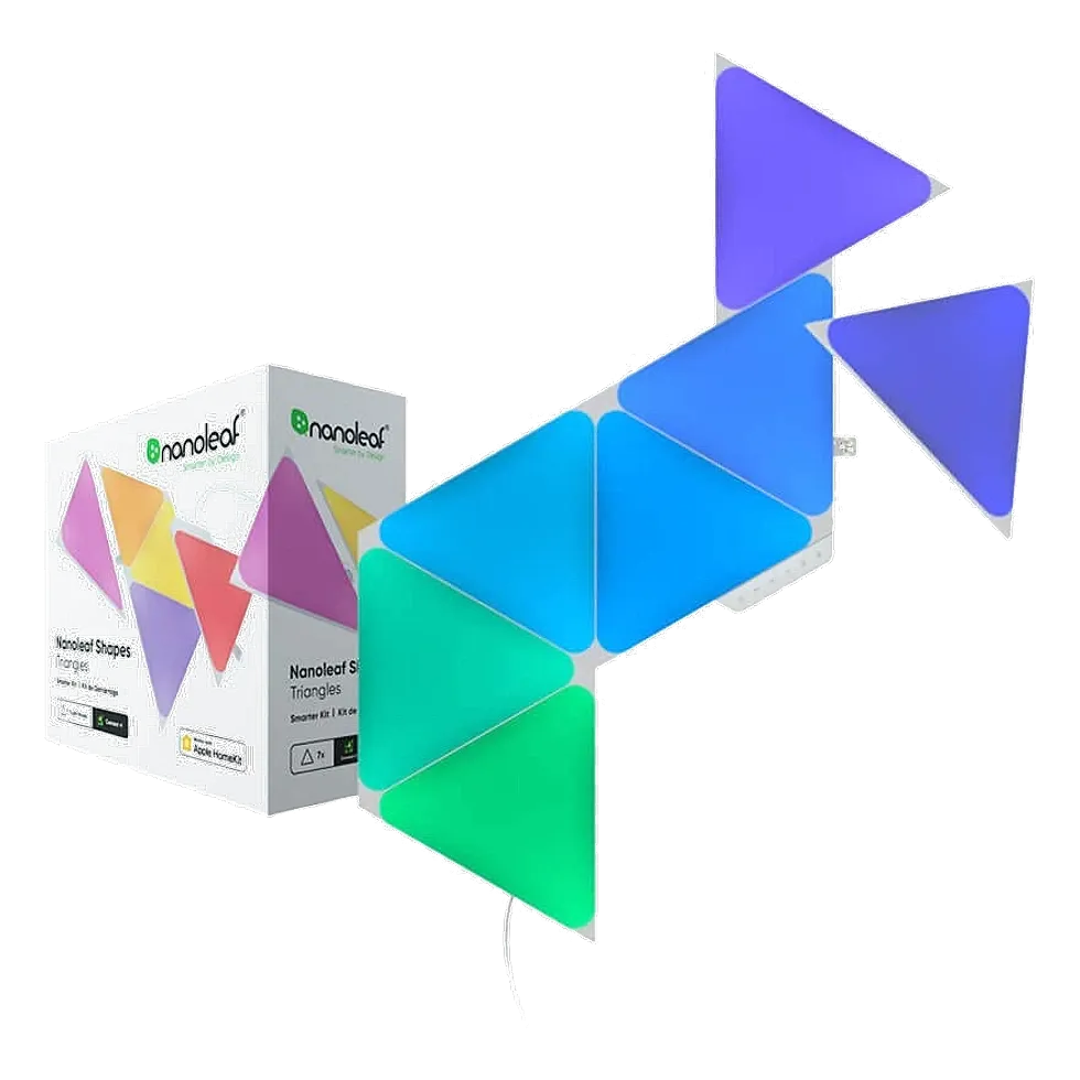 Nanoleaf Shapes Triangles Smarter Kit com painéis triangulares iluminados na parede