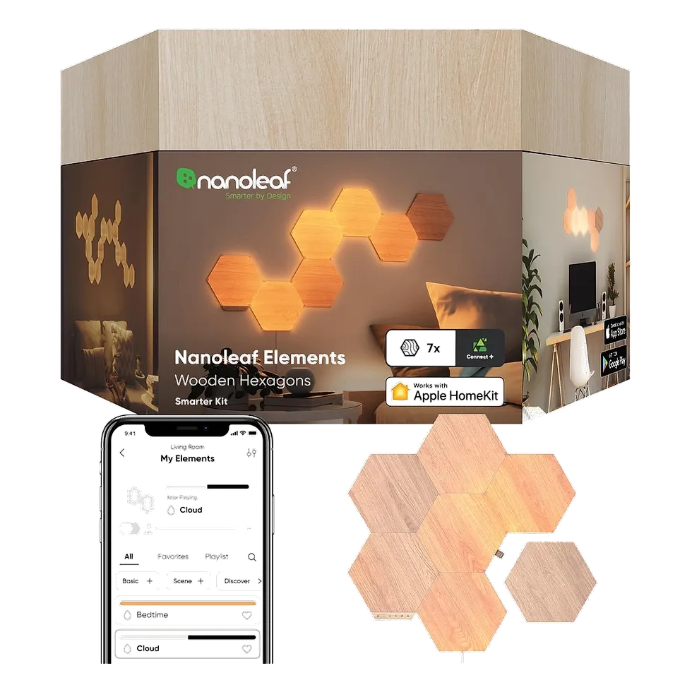 Nanoleaf Elements com painéis hexagonais de textura de madeira clara iluminados