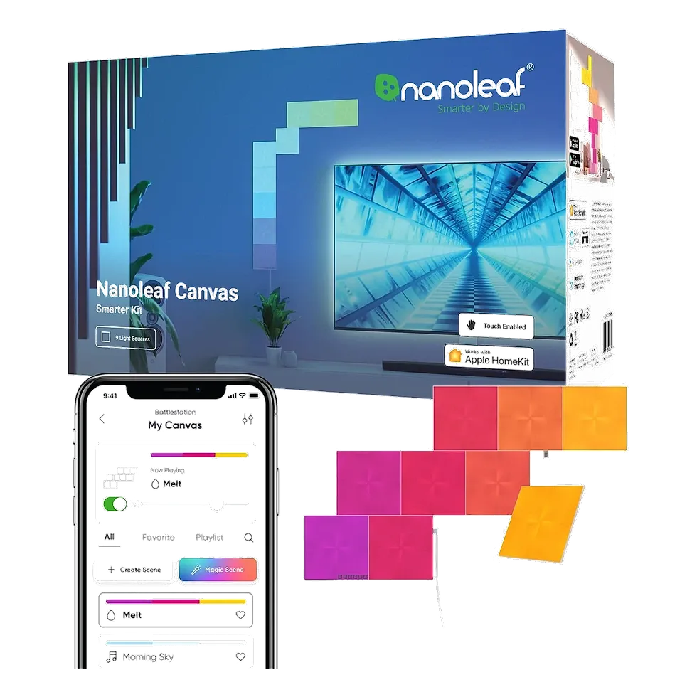 Nanoleaf Canvas Smarter Kit com painéis quadrados conectados na parede