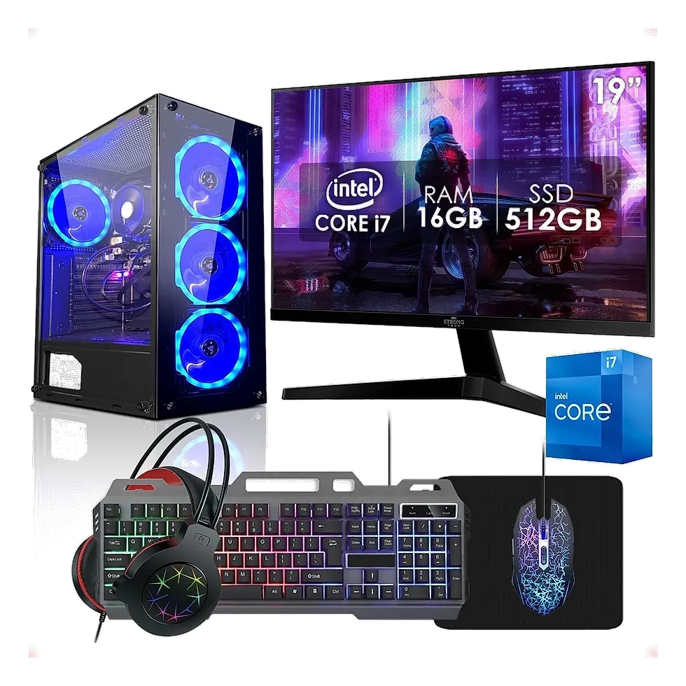 PC Gamer Completo Strong Tech Intel Core i7 16GB RAM SSD 512GB com monitor 19 polegadas e kit gamer