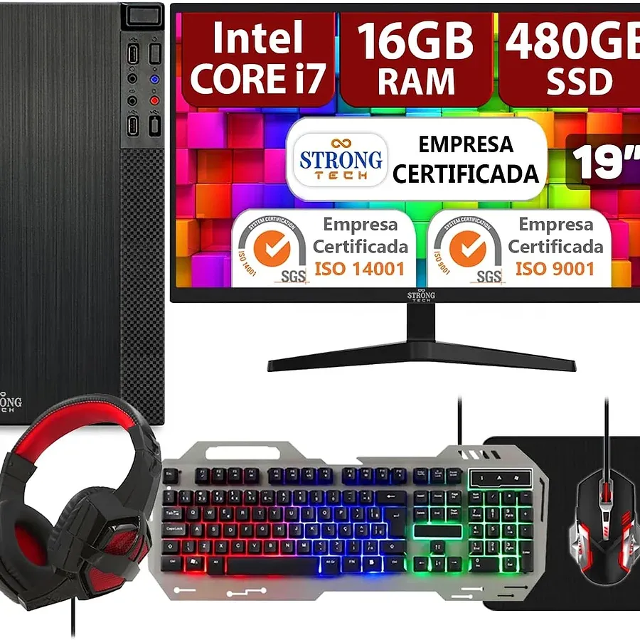 PC Gamer Intel Core i7 3.4GHz 16GB RAM SSD 480GB placa de vídeo 4GB com monitor 19 polegadas HDMI