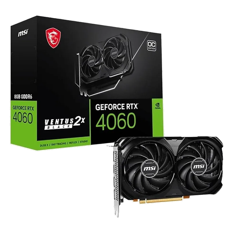 Placa de vídeo MSI GeForce RTX 4060 Ventus 2X Black OC 8GB GDDR6 design discreto sem RGB