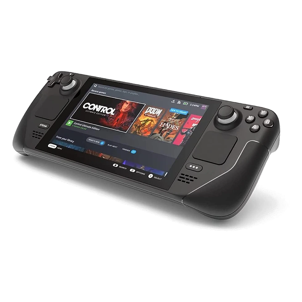 PC portátil gamer Steam Deck na cor preta com os dois analógicos e o D-pad visíveis