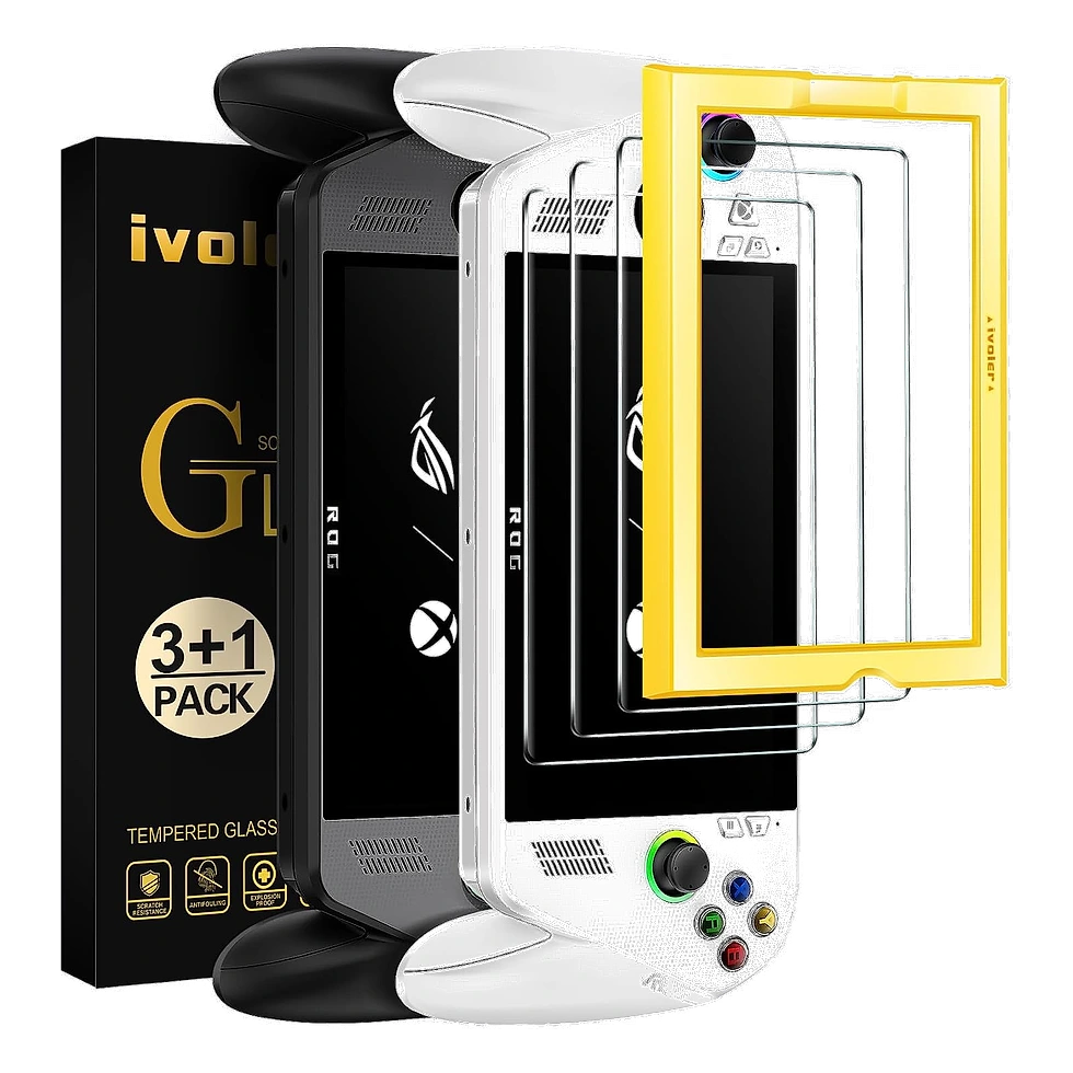 Três películas transparentes empilhadas ao lado da caixa ivoler com PC portátil gamer preto e branco ao fundo