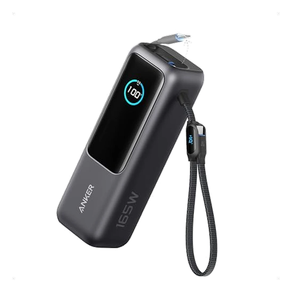 Power bank Anker preto compacto com cabo USB-C integrado ao próprio corpo