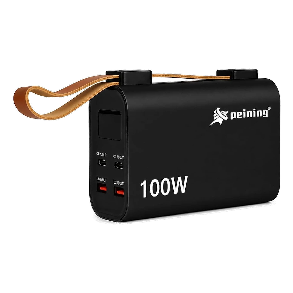Power bank cinza-metálico com display digital de voltagem e cabo USB-C ao lado