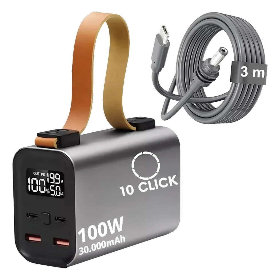 Power bank branco na vertical com selo de 100W impresso na lateral