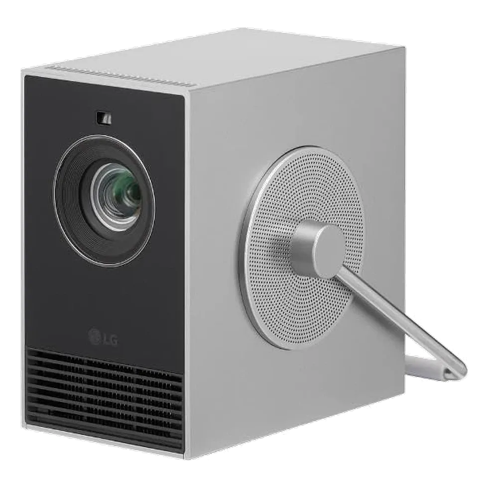 LG CineBeam Q HU710PB em formato cubo compacto, com alto-falante e alça de couro