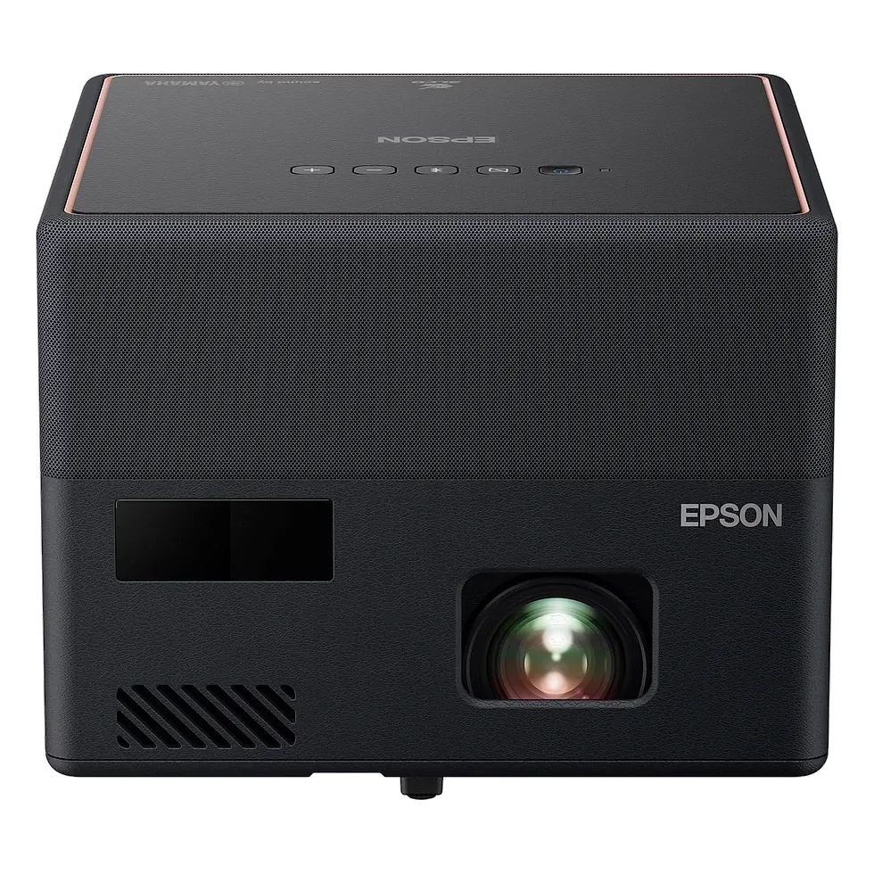 Epson EpiqVision EF-12 projetor preto compacto em formato cubo com lente em destaque