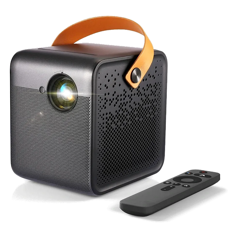 WEMAX Dice projetor portátil preto sobre mesa exibindo interface do Android TV