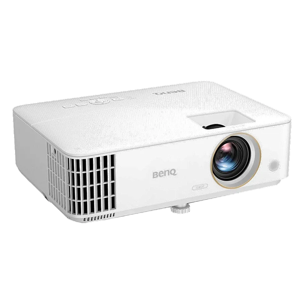 BenQ TH585 branco visto em ângulo, com lente dourada e logo da marca no gabinete
