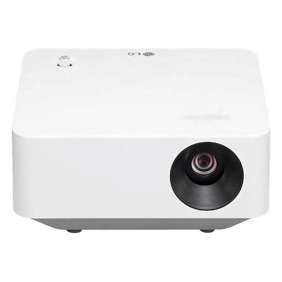Projetor LG CineBeam PF510Q branco visto de frente, com lente circular e logo LG no topo