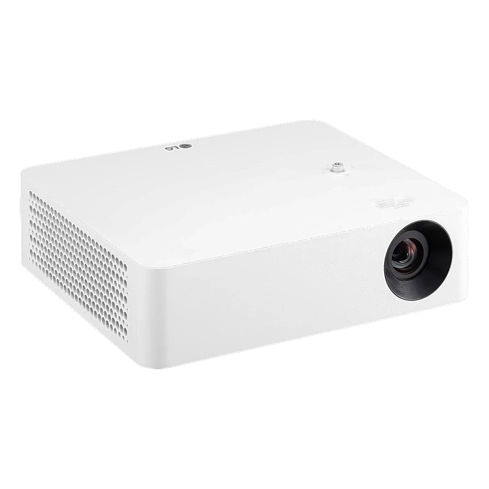 LG CineBeam PF610P projetor retangular branco visto em ângulo lateral