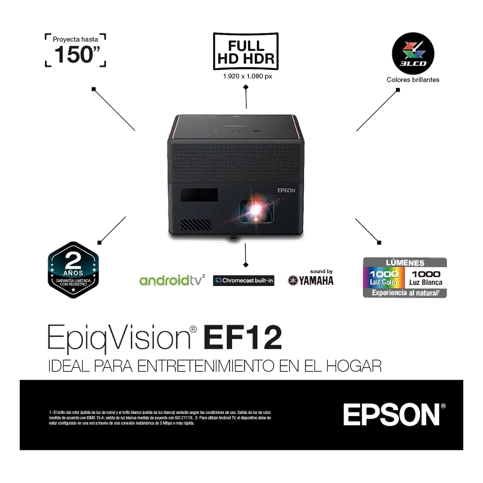 Epson EpiqVision EF12 preto em formato cubo com selos de recursos Full HD HDR e Android TV