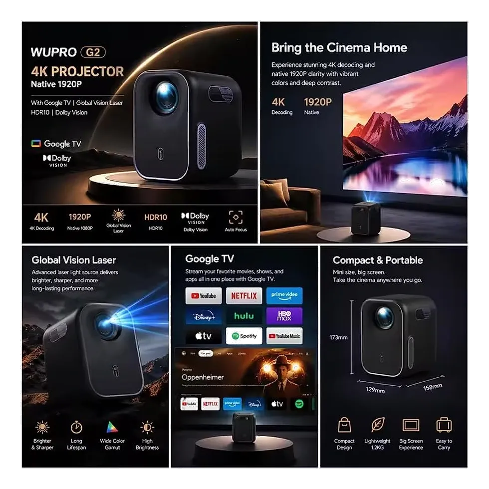Composição de imagens do projetor Wupro G2 preto com selos 4K, Google TV e Dolby Vision