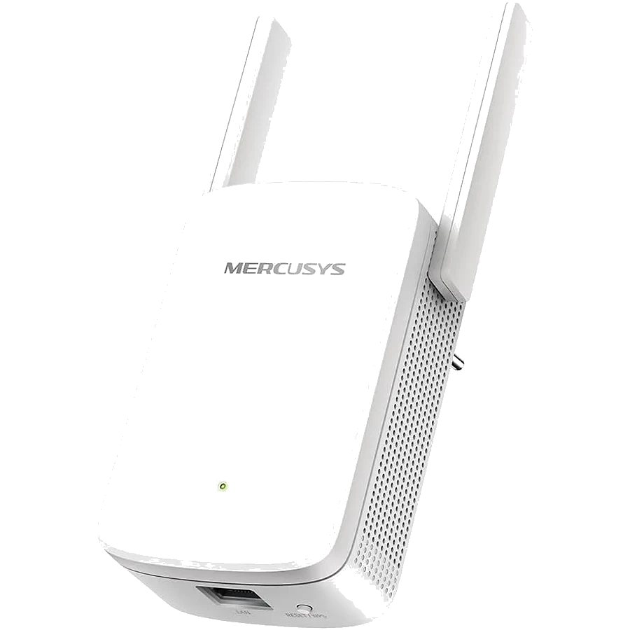 Mercusys ME30 repetidor de sinal Wi-Fi compacto conectado numa tomada branca