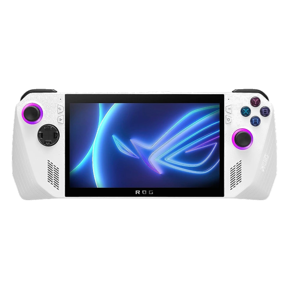 ROG Ally branco ligado com o logotipo ROG em destaque na tela antes de abrir um jogo
