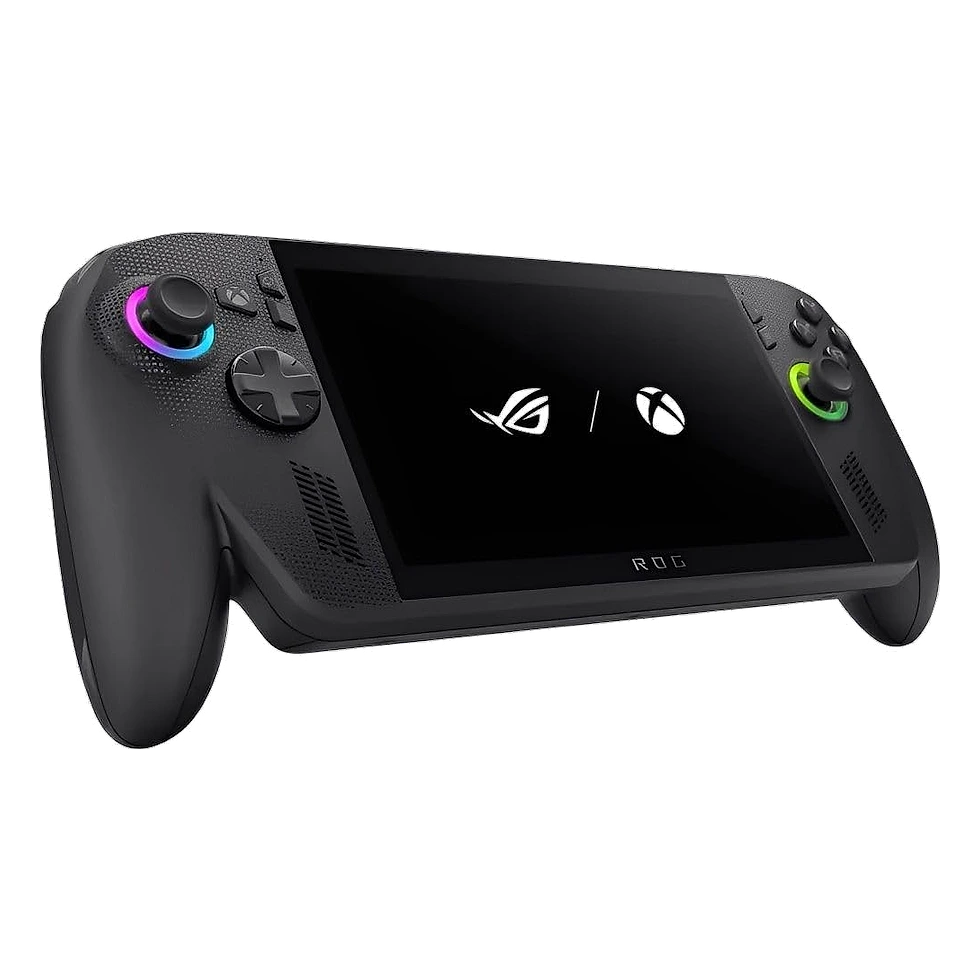 ROG Xbox Ally X na cor preta com os logotipos ROG e Xbox divididos na tela