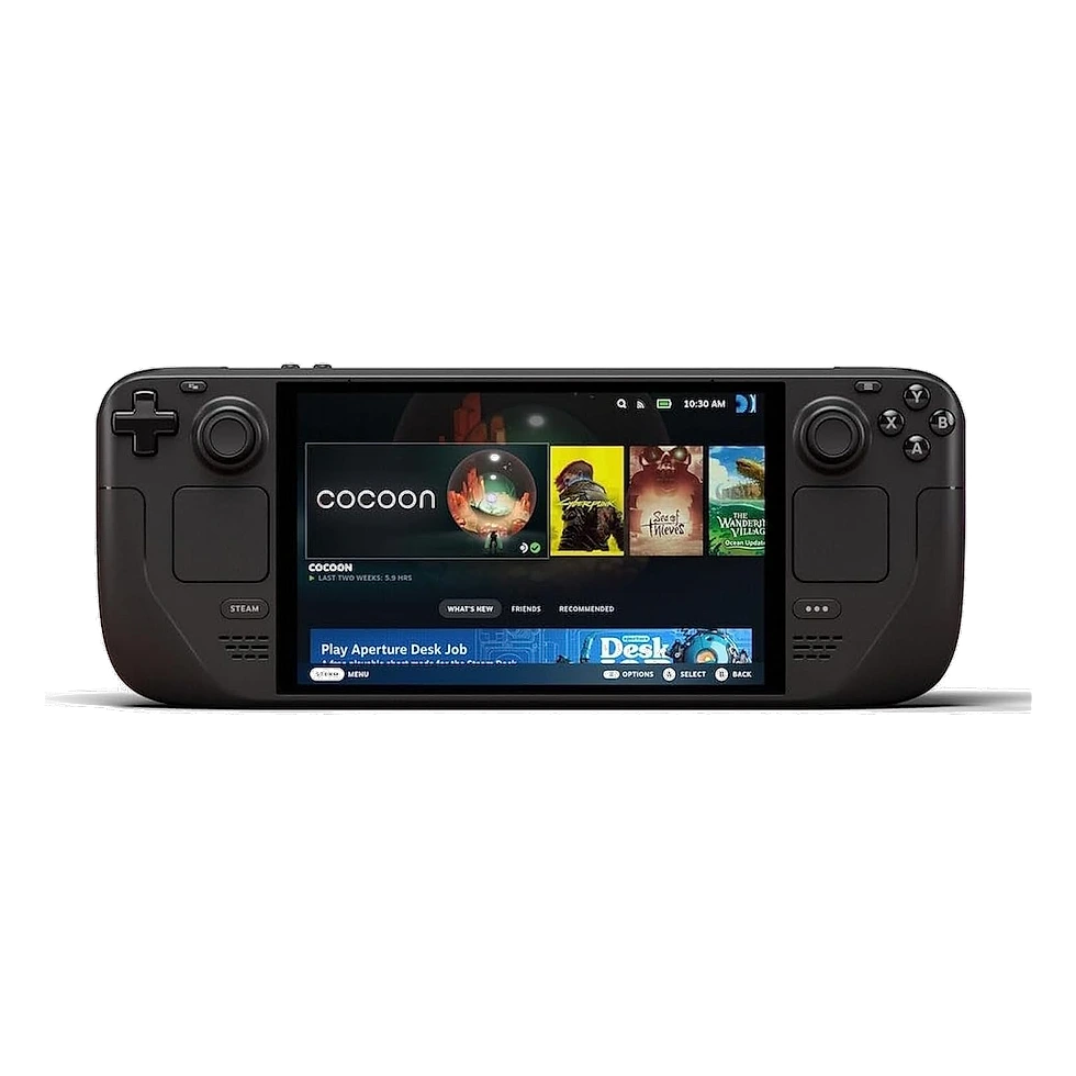 Steam Deck OLED ligado com um jogo aberto na tela e o botão Steam em destaque