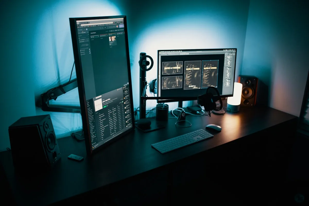 Suporte duplo em uso com um monitor em modo retrato Dois monitores presos por braços articulados independentes, um deles girado em modo retrato