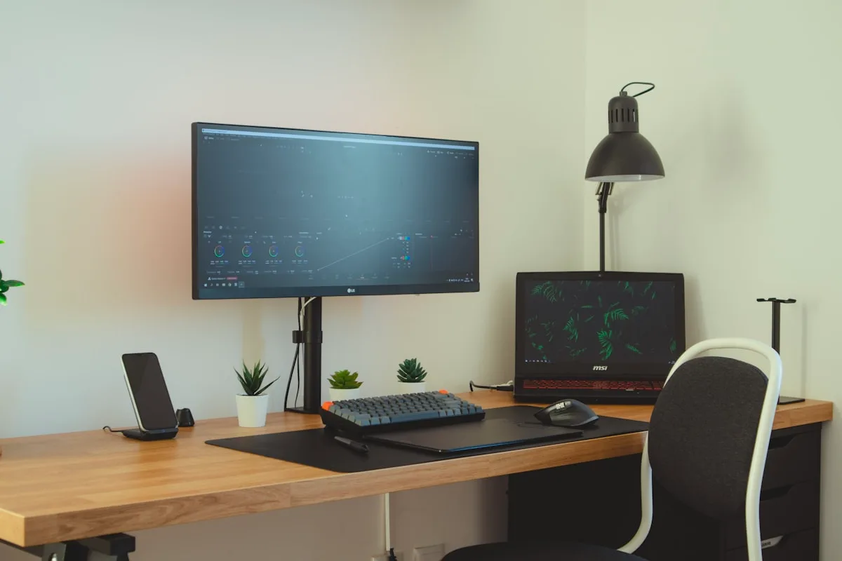 Suporte articulado em uso num setup de home office Monitor preso em braço articulado preto ao lado de notebook sobre mesa de home office