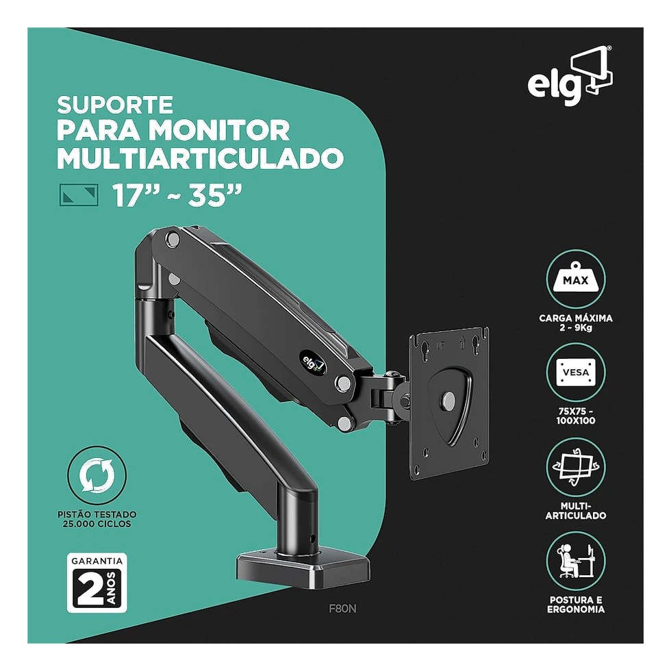 ELG F80N suporte articulado preto com pistão a gás e placa VESA para monitor de mesa