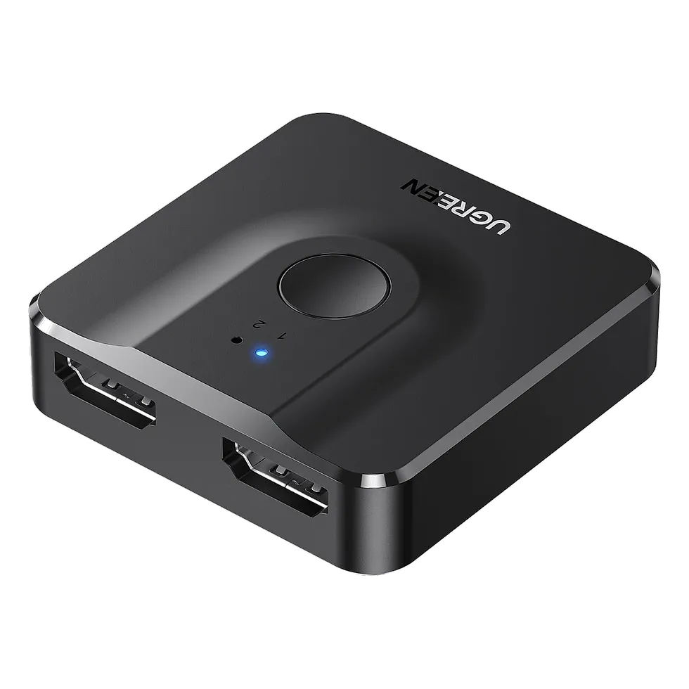Switch HDMI bidirecional UGREEN preto com duas portas HDMI e LED indicador