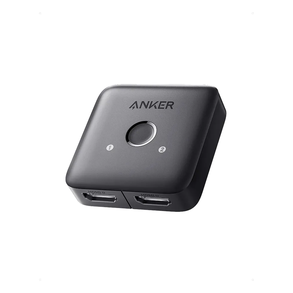 Switch HDMI Anker compacto cinza escuro com botão central e duas entradas numeradas