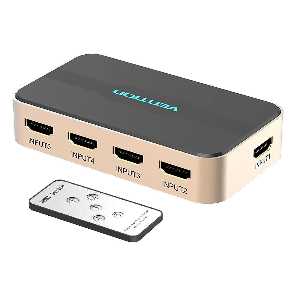 Switch HDMI Vention dourado e preto com cinco entradas numeradas e controle remoto