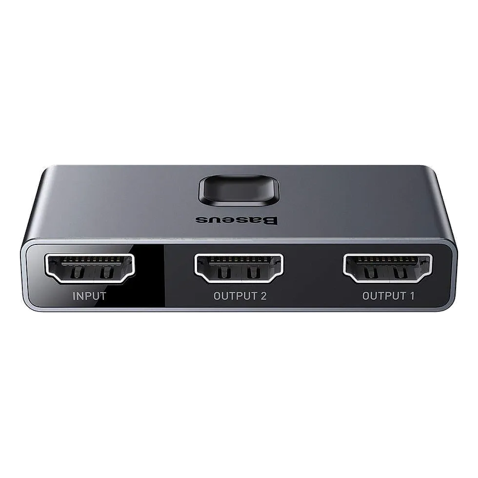 Switch HDMI Baseus cinza metálico com portas de entrada e duas saídas etiquetadas