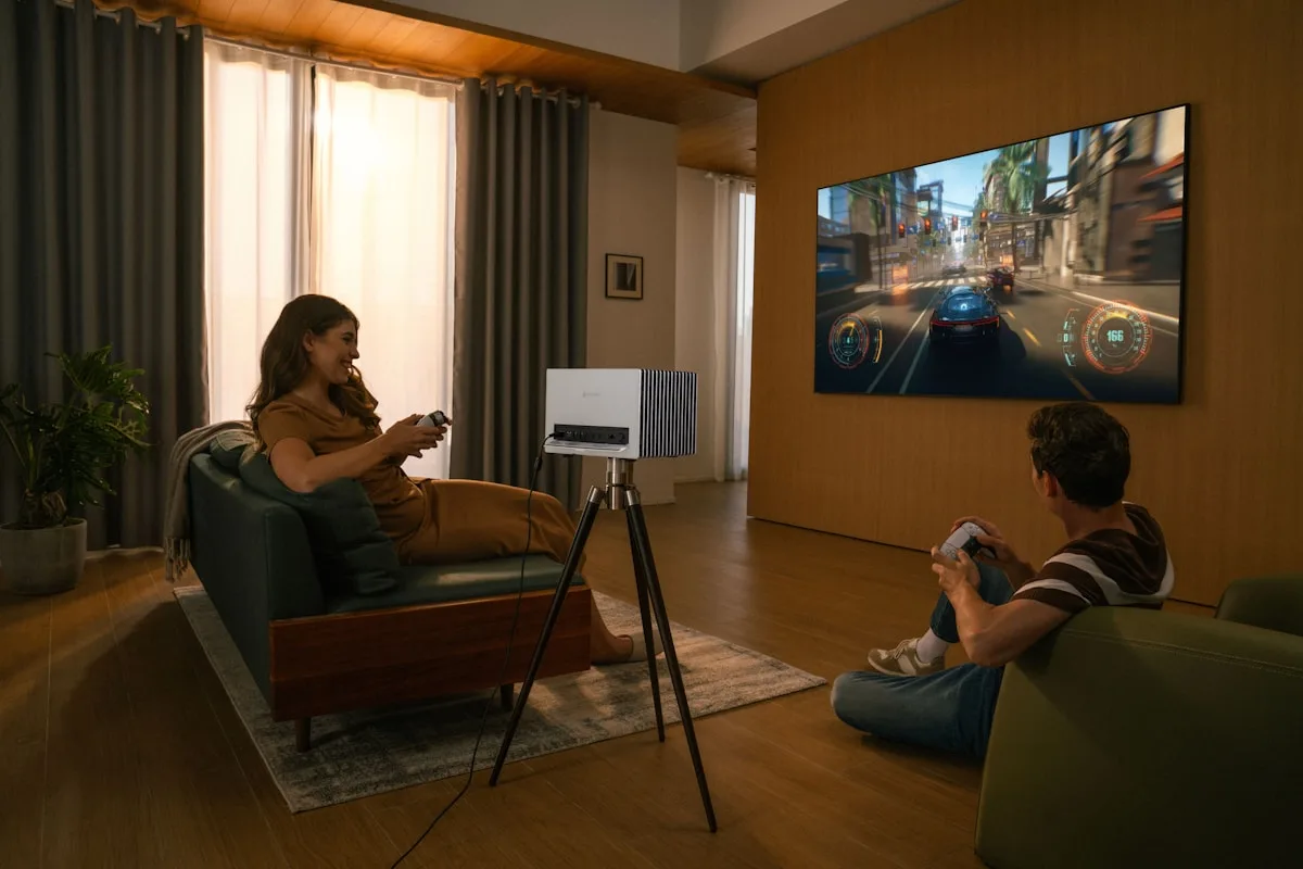 Melhores TVs para games 2026: OLED, Neo QLED e Mini-LED comparados TV 4K gamer em sala de jogos com setup PS5 e Xbox Series X em ambiente com luz controlada