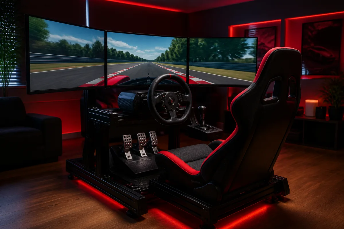 Cockpit completo de simrace com volante, pedais, banco de competição e triple monitor