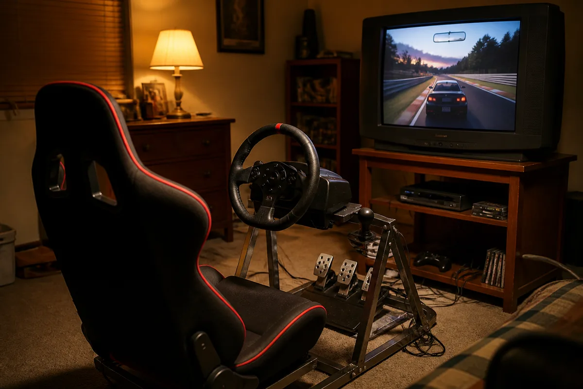Cockpit estável para PS3 Cockpit retrô com volante e CRT mostrando jogo PS3