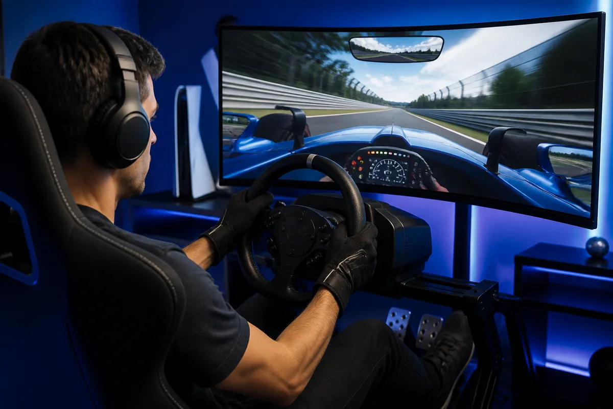 Imersão no simracing PS5 Setup imersivo simracing com volante PS5 e monitor ultrawide mostrando cockpit de corrida