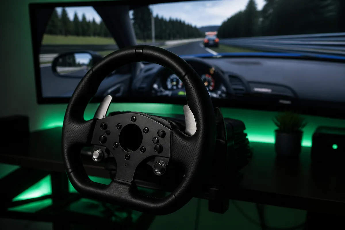 Xbox simracing experience Volante racing Xbox com close-up nos paddle shifters e iluminação verde ambiente