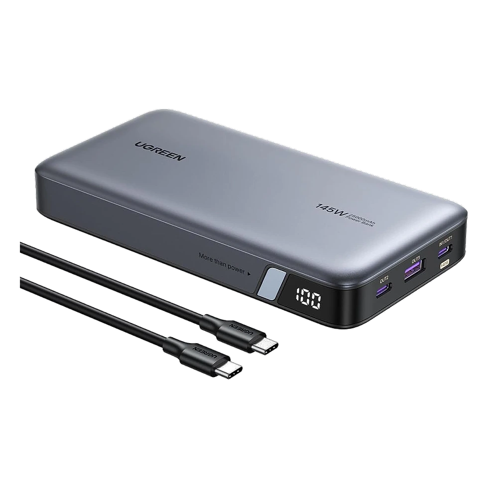 Power bank cinza com cabo USB-C e display digital mostrando a carga em porcentagem