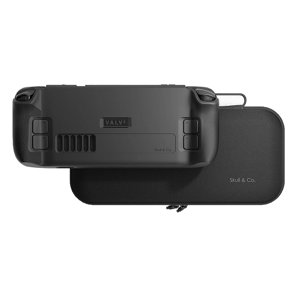 Traseira de PC portátil gamer com case grip preto encaixado ao lado da capa da marca