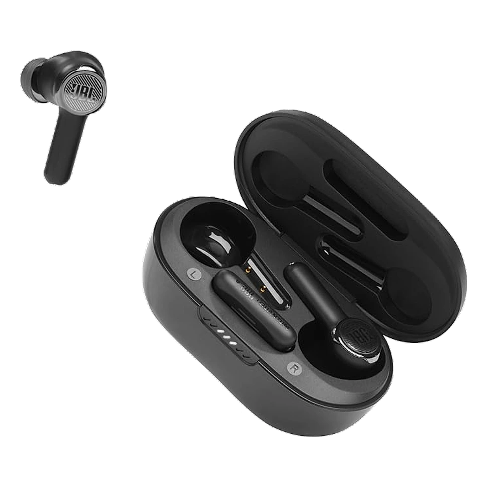 JBL Quantum TWS preto com estojo de recarga e dongle USB-C de baixa latência