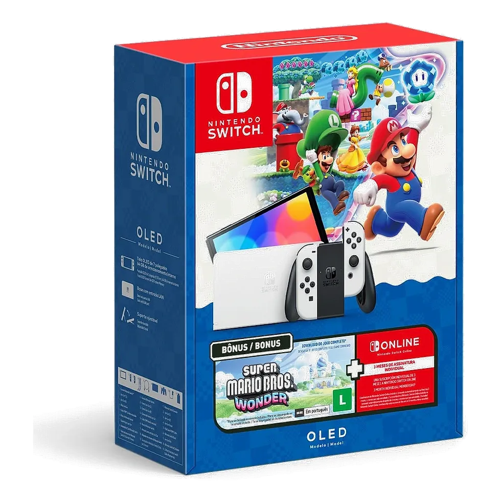 Nintendo Switch OLED com tela ligada mostrando jogo