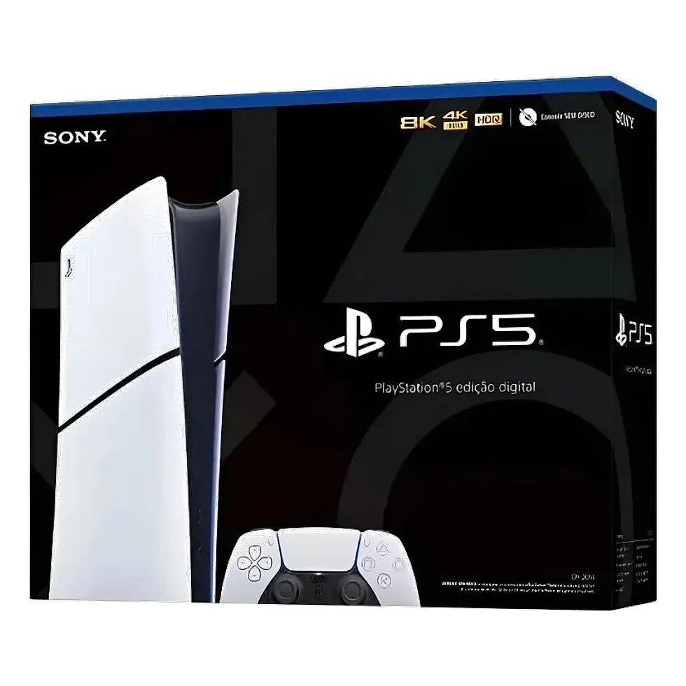 PlayStation 5 Edição Digital em pé com controle DualSense branco