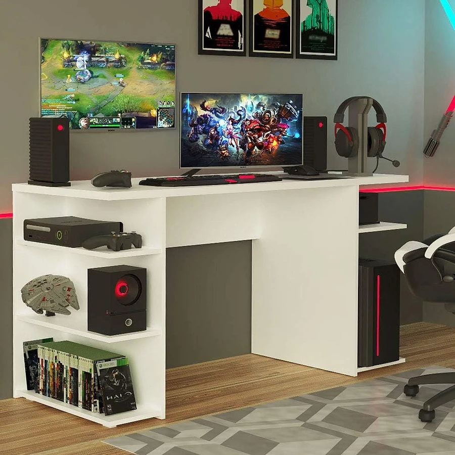 Mesa gamer Madesa 9409 branca com suporte lateral para CPU e prateleira inferior