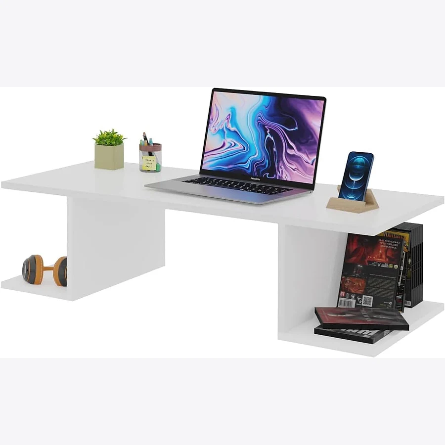 Mesa gamer suspensa Netmobil Compacta 90x42 branca fixada na parede com monitor sobre o tampo
