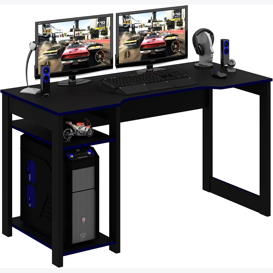 Mesa gamer Tecno Mobili ME4152 preta com detalhes azuis e pés em L metálicos