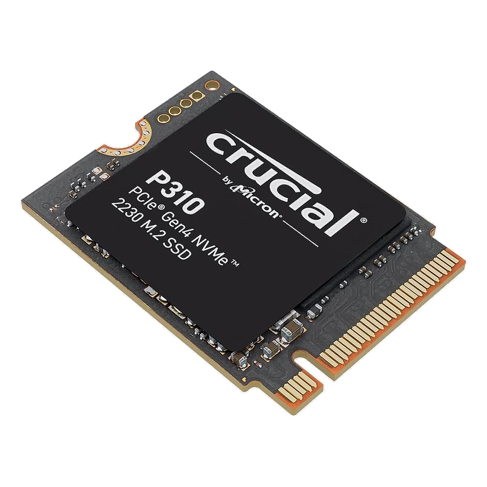 SSD Crucial P310 M.2 2230 com contatos dourados e etiqueta preta PCIe Gen4 NVMe, fundo branco