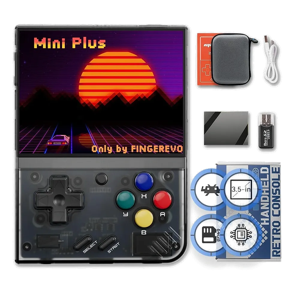 Miyoo Mini Plus transparente preto com joystick D-pad, botões coloridos e itens do kit incluso