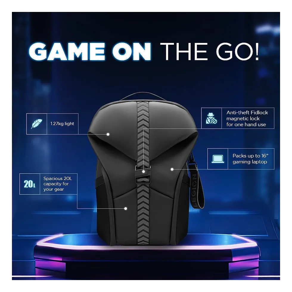 Mochila Lenovo Legion GB700 preta com identidade visual da linha Legion