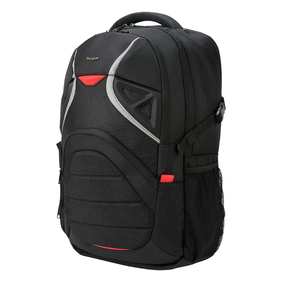 Mochila Targus Strike Gaming 17.3 polegadas preta com detalhes vermelhos e compartimento reforçado
