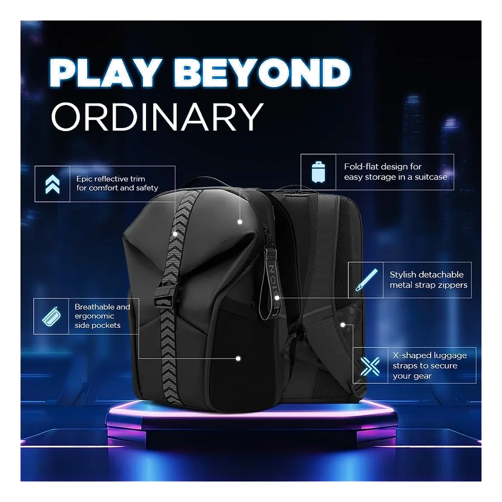 Mochila Lenovo Legion GB700 preta com fivelas de fita X para prender em mala de rodinha