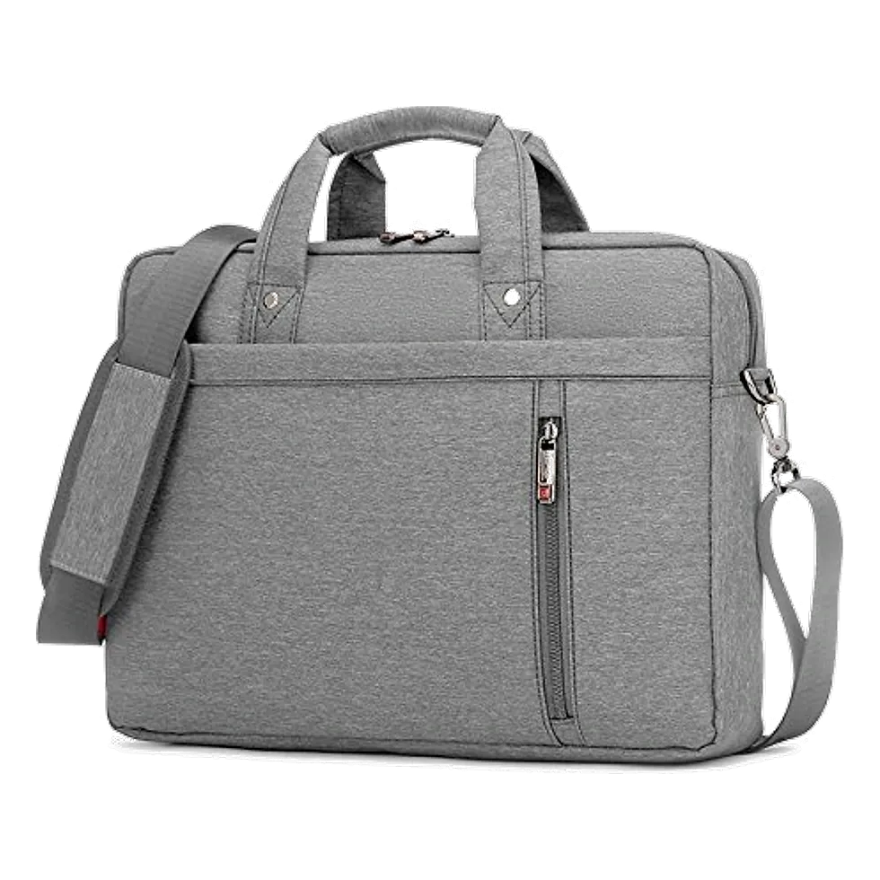 Maleta executiva cinza para notebook com alça de mão, alça de ombro ajustável e bolso frontal