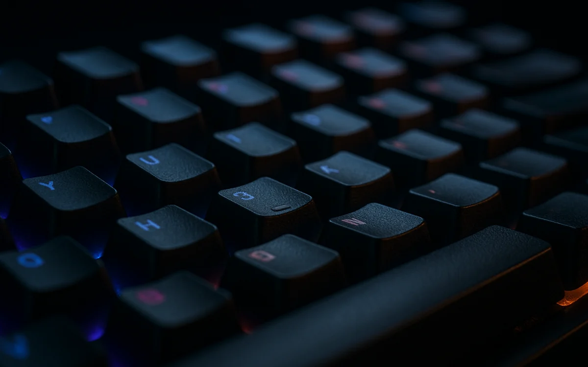 Teclado em close, iluminação de fundo acesa Teclado mecânico com iluminação de fundo em close, sobre uma mesa gamer